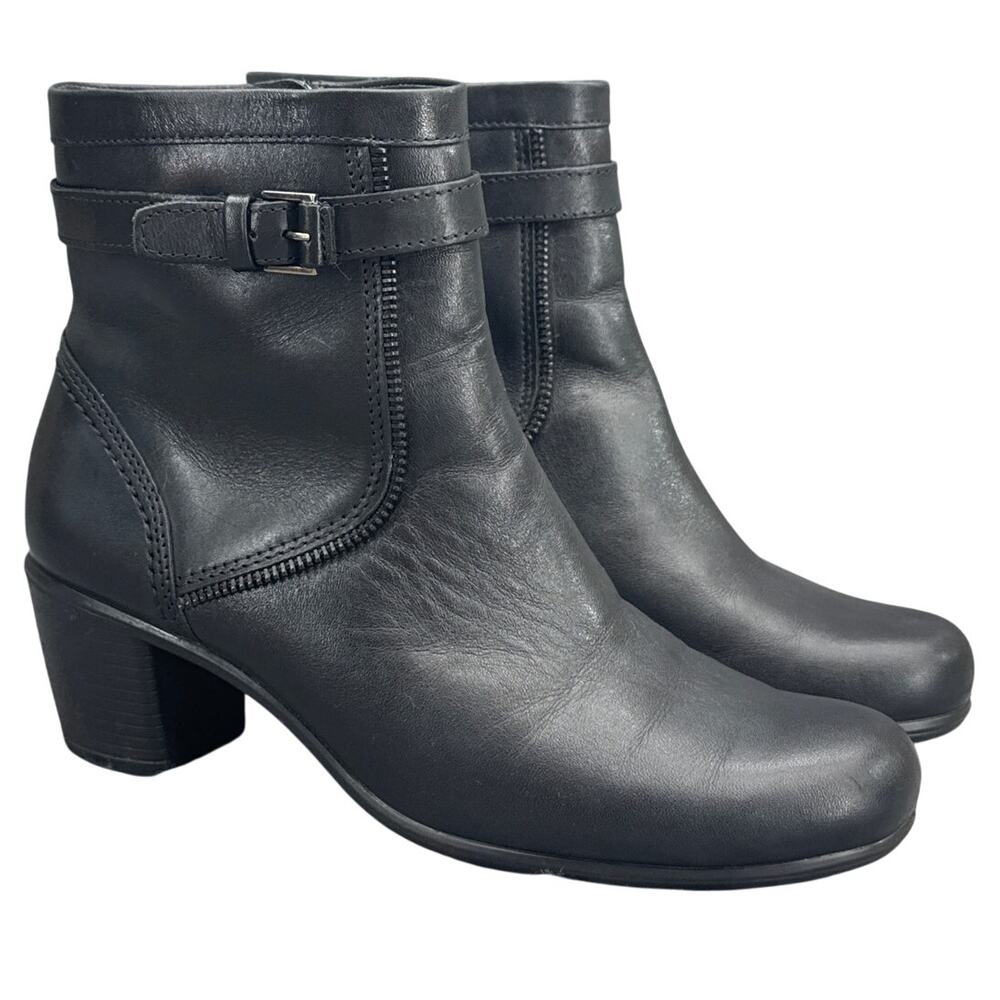 Ecco Black Leather Side Zip Buckle Accent Ankle Bootie Women 7.5/38